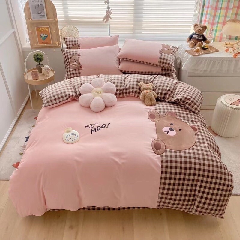 BỘ CHĂN GA GỐI NỈ SỮA GẤU TEDDY PHỐI KẺ DỄ THƯƠNG (đủ size)
