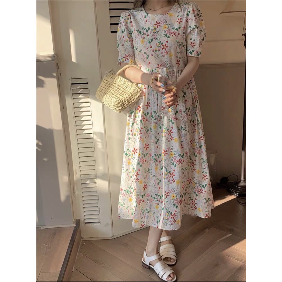 Váy babydoll thô hoa nhí thắt nơ ulzzang - Đầm hoa thô dáng babydoll