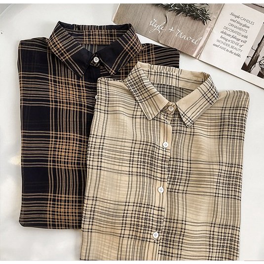 Áo sơ mi dài tay kẻ sọc caro thiết kế dáng rộng phong cách Hàn Quốc thời trang cho nữ