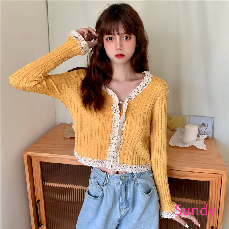 Áo sweater dài tay phối viền ren xinh xắn cho nữ