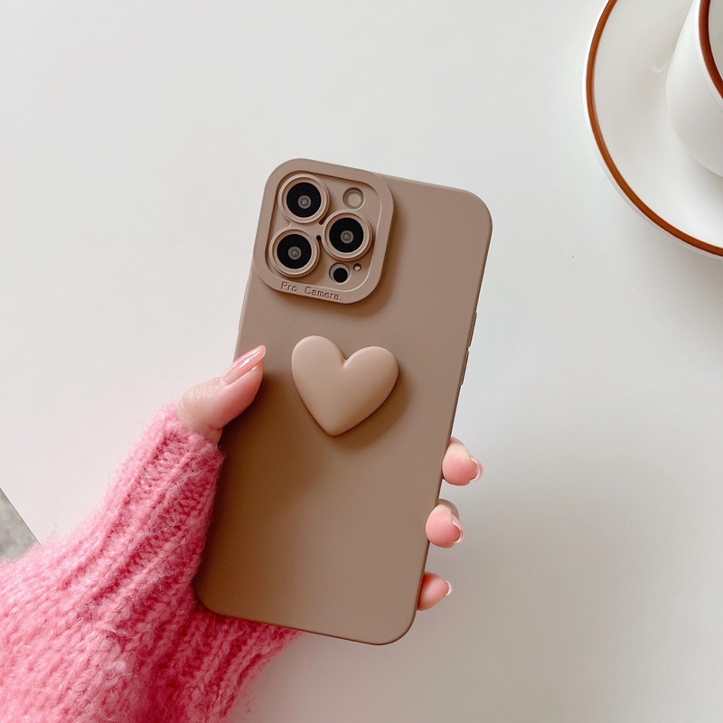 (SIÊU RẺ) Ốp lưng iphone trơn procam gắn trái tim to 2 màu nâu  7plus/8/8plus/x/xr/xs/11/12/13/pro/max/plus/promax