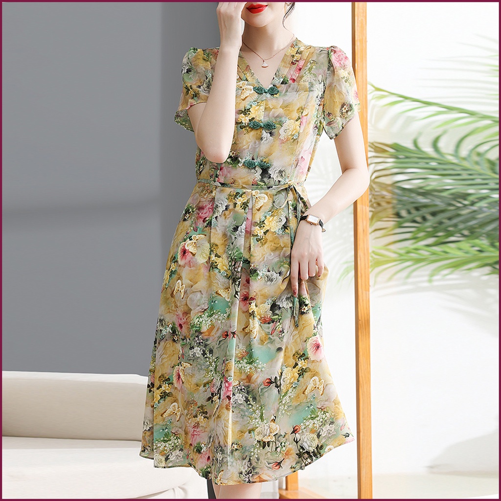 Đầm trung niên cho mẹ sang trọng bigsize dự tiệc thiết kế dáng xòe in hoa 100D - P07
