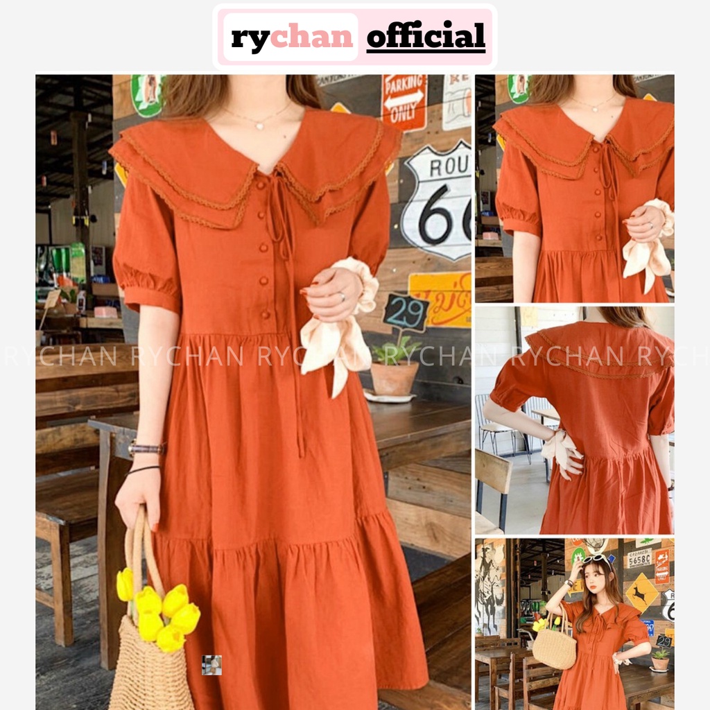 [ẢNH THẬT CUỐI] Đầm Xòe Babydoll Cam Nhún Tầng Nơ Cổ - DX894