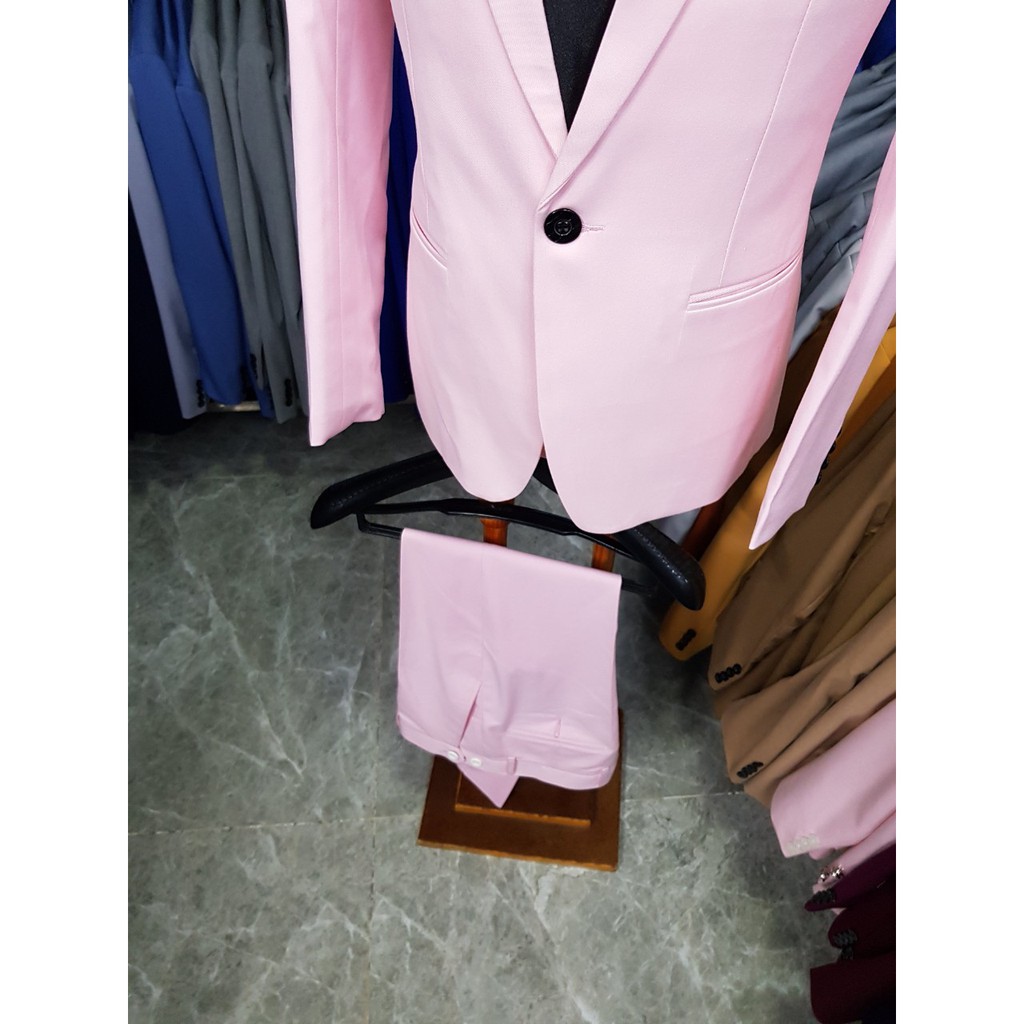 Bộ vest nam form ôm body chất liệu vải mềm mịn màu hồng + cà vạt nơ