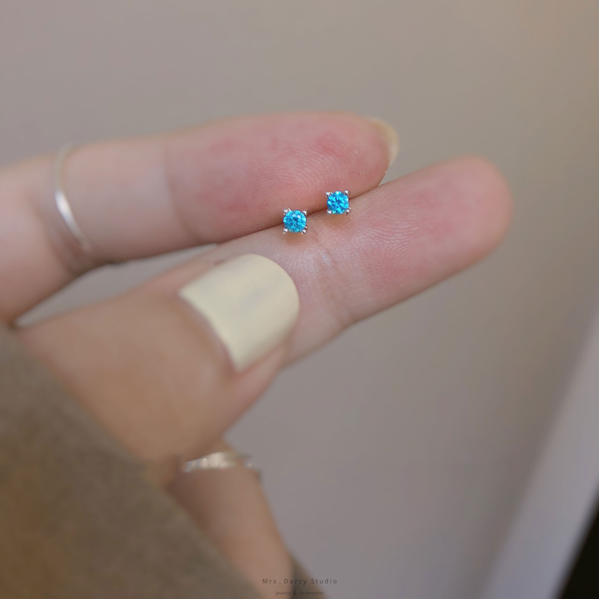 MRS.D【In Stock】100% Sterling Silver Topa Blue Mini S925 Earrings Stud Earrings Colors of Zircon Jewelry Gift Ear Clips Minimalist Earring Design Jewelry Girls Allergy Free