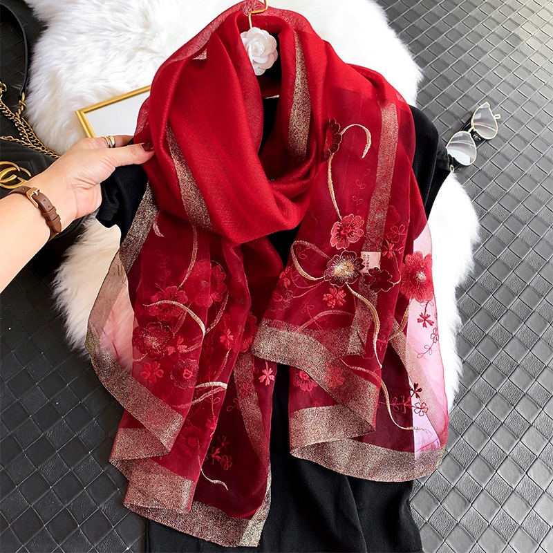 Khăn Choàng Cổ Bằng Len Lụa Thêu Hoa Màu Trơn Kích Thước Lớn 180cm Dành Cho Bạn Nữ
