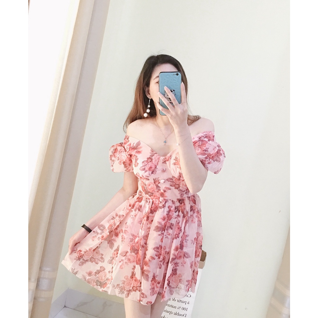 (ảnh shop tự chụp)Jumpsuit tay ngắn cổ chữ V tay bồng hoạ tiết hoa lá chất voan lụa siêu đẹp- có mút ngực 2 size SM