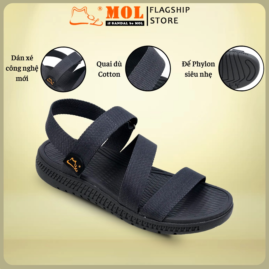 Giày Sandal MOL Unisex Nam Nữ 3 Quai Siêu Nhẹ Quai Dù Đi Học Đi Làm Đi Du Lịch Màu Xám Mã MS2