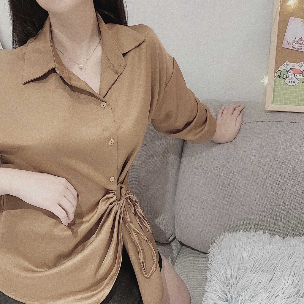 Áo kiểu sơ mi nữ HQ Hàn Quốc đẹp form dáng rộng bigsize tay dài rút dây lệch eo vạt chéo tiểu thư bánh bèo dễ thương | BigBuy360 - bigbuy360.vn