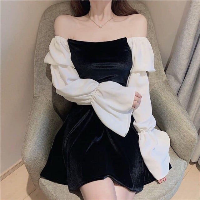 Váy nhung tay trắng Trễ vaii tay kiểu bánh bèo (hang quảng châu ) Có săn nhung mềm co dãn -đầm bánh bèo