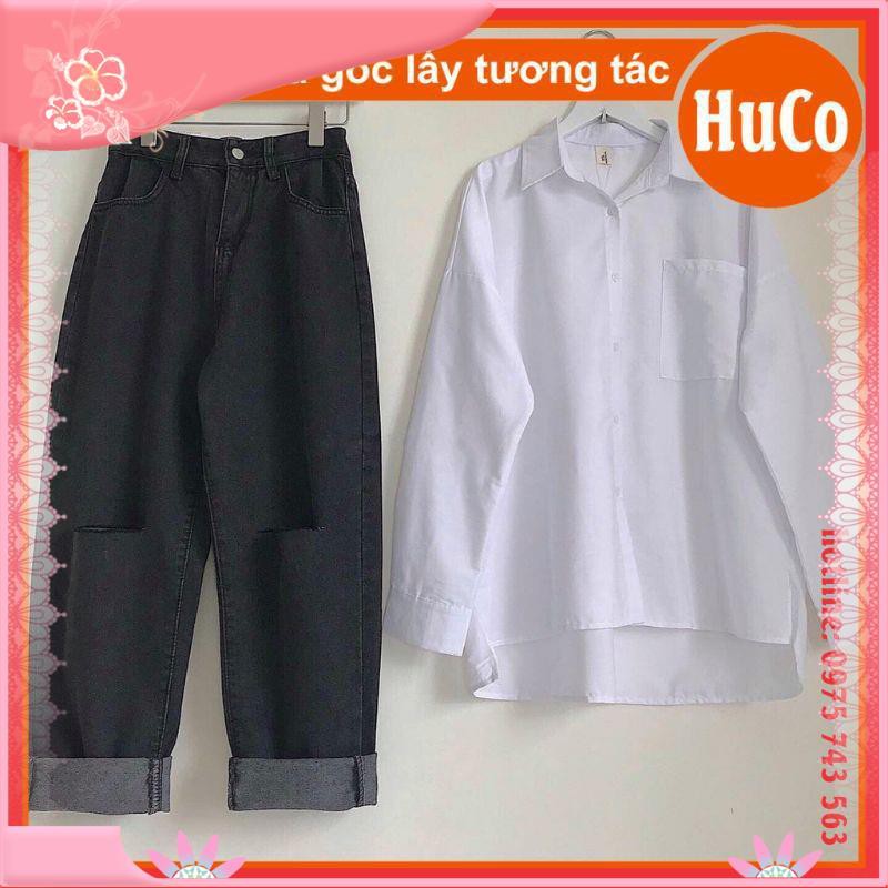 sét trang phục nữ, sét đồ áo sơ mi trắng dài tay xẻ tà basic trơn + quần bò đen cạp cao ống rộng siê
