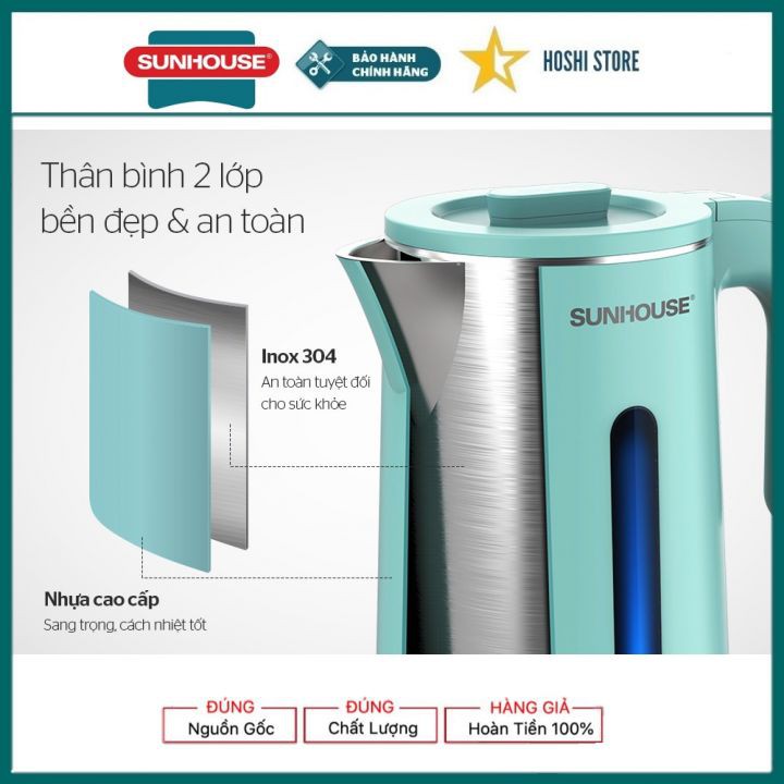 {CHÍNH HÃNG BH 12 THÁNG} ẤM SIÊU TỐC. BÌNH ĐUN SIÊU TỐC CAO CẤP INOX 2 LỚP 1.8L SUNHOUSE SHD1351