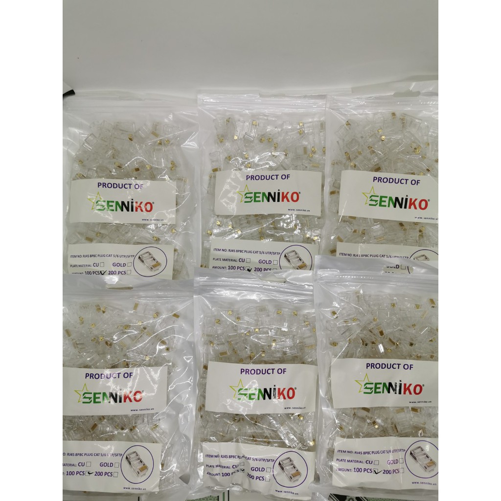 Hạt bấm dây mang RJ45 Cat 5E SENNIKO Túi 100 hạt đồng nguyên chất đầu bấm mạng