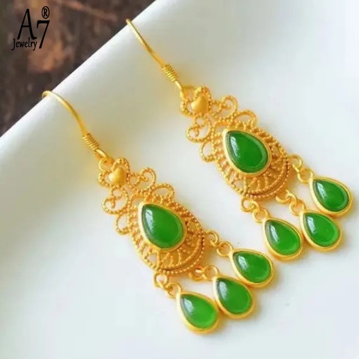 Bông Tai Bạc 925 A7 Hình Giọt Nước Phối Tua Rua Dài n Kiểu Retro