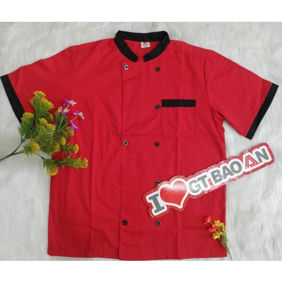 Đồng Phục Nhà Hàng Áo Bếp Màu Đỏ Cổ Đen Cho Đầu Bếp Trưởng