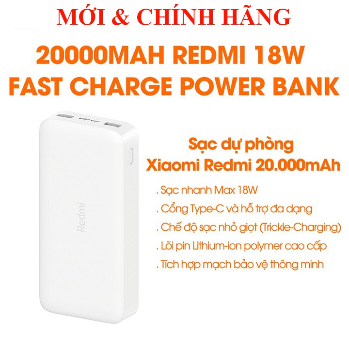 Pin sạc dự phòng Xiaomi Redmi PB200LZM 20000mAh, Xiaomi Gen 3 10000mAh Sạc nhanh 18W