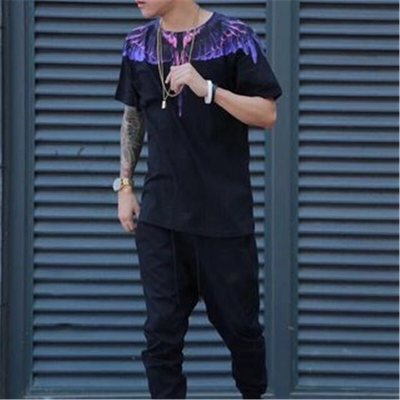 Áo Thun Thể Thao Tay Ngắn Cổ Tròn In Hình Đôi Cánh Màu Tím/Xanh Dương Thời Trang Đường Phố Dành Cho Nam Và Nữ