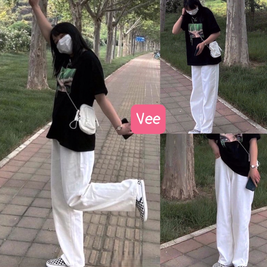 Set bộ áo thun rắn quần kaki trắng form thụng mặc đi học đi chơi/ Bộ áo phông tay lỡ nữ kèm quần suông ống rộng_veestore