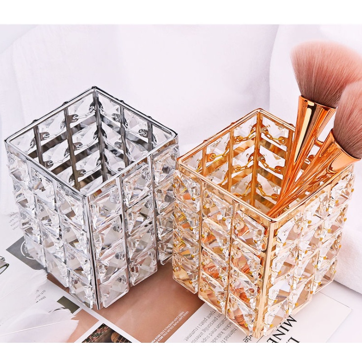 Cốc đựng cọ trang điểm hình trụ đính đá lấp lánh pha lê sang chảnh