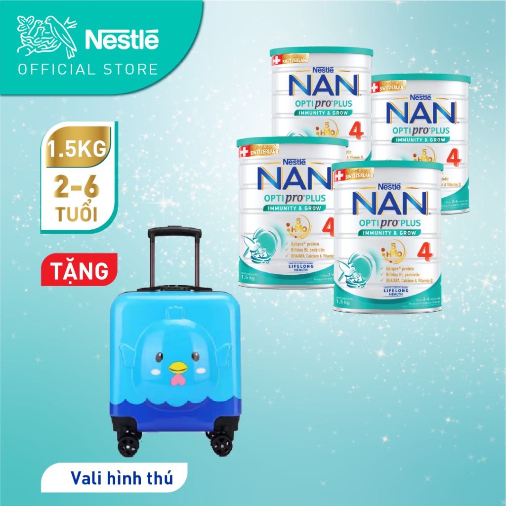 [Tặng Vali Hình Thú] Bộ 4 lon Sữa bột Nestlé NAN OPTIPRO PLUS 4 1500g/lon với 5HMO Giúp tiêu hóa tốt