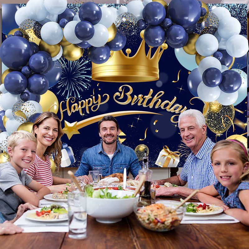 Bộ Bong Bóng Vàng Xanh Navy Với Vương Miện Và Phông Nền Hoa Giấy Bạc Trang Trí Tiệc Sinh Nhật