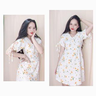 ( HOT ) Đầm Hoa cúc suông lụa hoa cổ sen phối ren