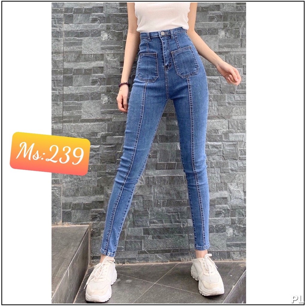 Quần jean nữ lưng siêu cao SỌC GIỮA + 2 TÚI GIỮA SỌC màu xanh 239 -UKK2