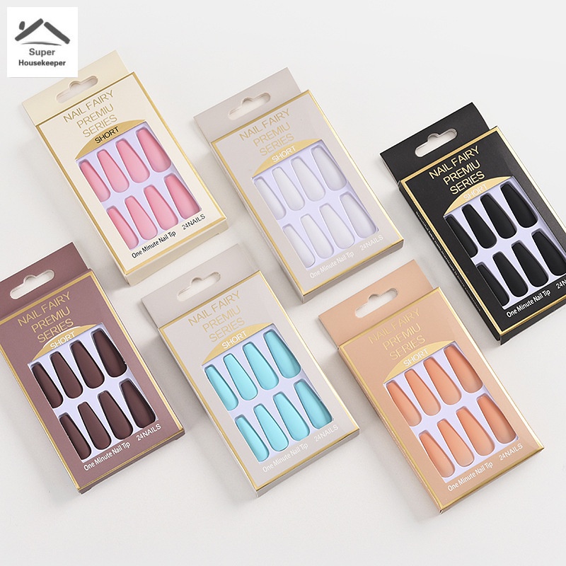 Set 24 móng tay giả màu trơn bằng nhựa resin siêu dài kèm gel phủ cho nữ