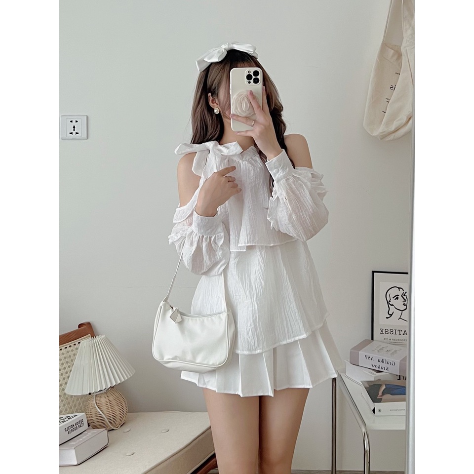 [Ảnh thật/Sẵn] Áo kiểu cổ yếm hở vai viền bèo chất tơ đũi ulzzang