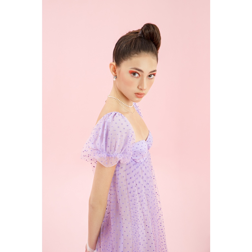 Đầm tím công chúa babydoll tay phồng chấm bi 2 lớp Daphne Dress