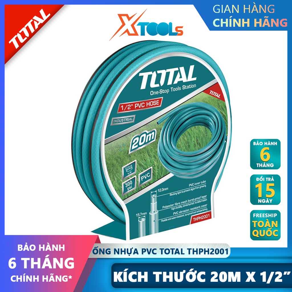 Ống nước vòi xịt PVC TOTAL THPH2001 dây dẫn nước Kích thước 20M x 1/2&quot;, mức Bùng nổ 300psi, lực kéo thử nghiệm 880N chốn