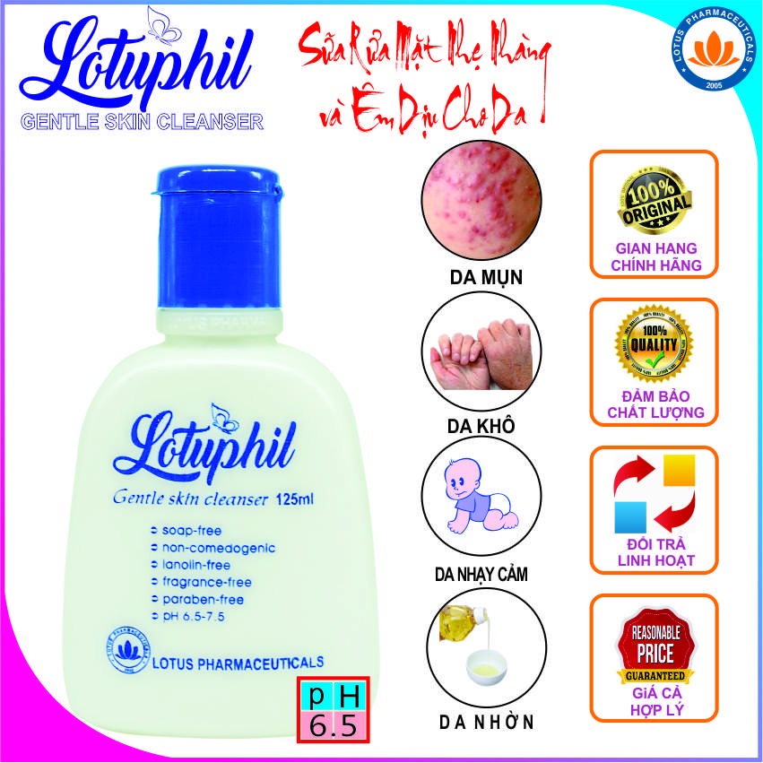 Sữa rửa mặt ngừa mụn Lotuphil 125ml, Hàng Chính Hãng thích hợp cho da nhờn, da khô, da nhạy cảm - Lotuspharma