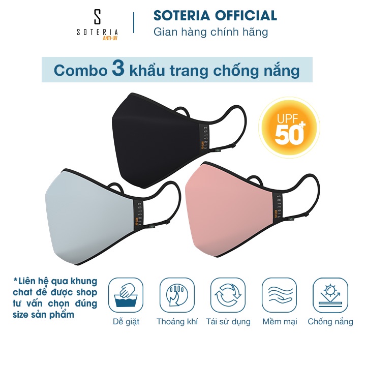 [Combo 3] Khẩu trang chống nắng Soteria Anti  Sea Salt - Balsa - Ebony chuẩn UPF 50+, chống khuẩn chống bụi 0.1 - S,M,L
