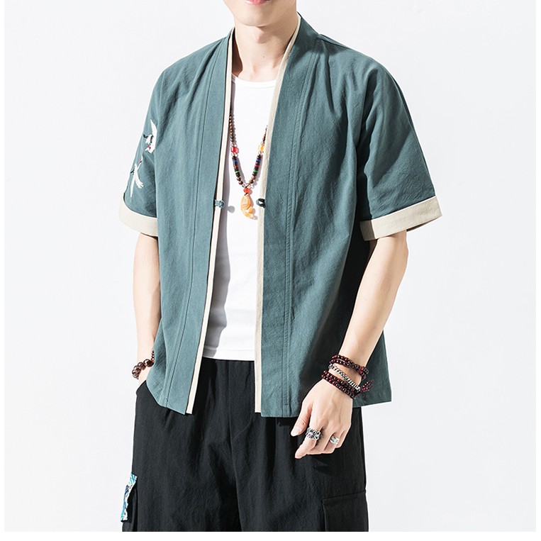 Áo Khoác Thô Đũi Nam Phong Cách Nhật Thêu Hạc Trên Vai | BigBuy360 - bigbuy360.vn