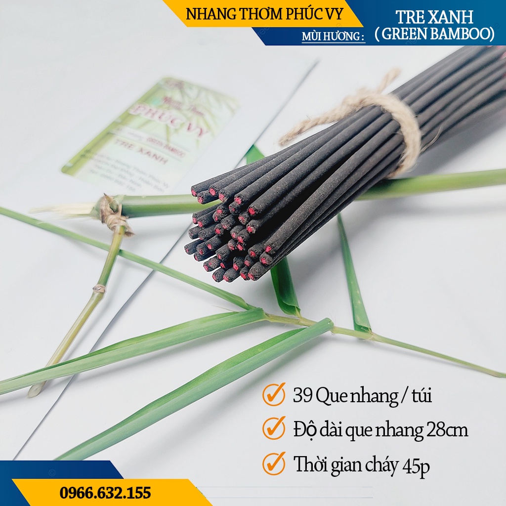 Nhang Thơm Phúc Vy Hương Tre Xanh - Túi 39 Cây 28cm, Ít Khói, Thơm Nhẹ, Dễ Chịu, Không kích mũi