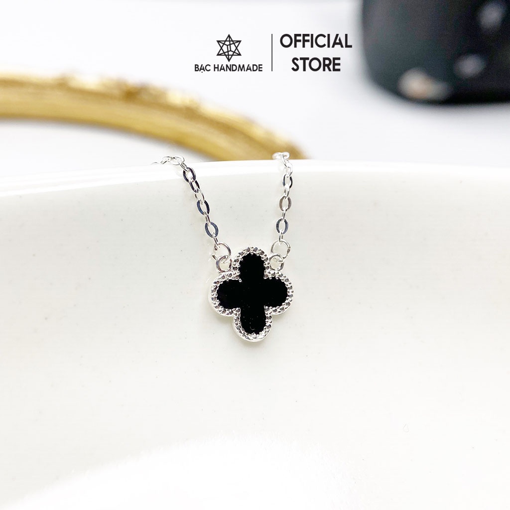Dây chuyền Bạc Handmade.Vòng cổ cỏ bốn lá nạm đá đen bạc nguyên chất-Bạc Handmade
