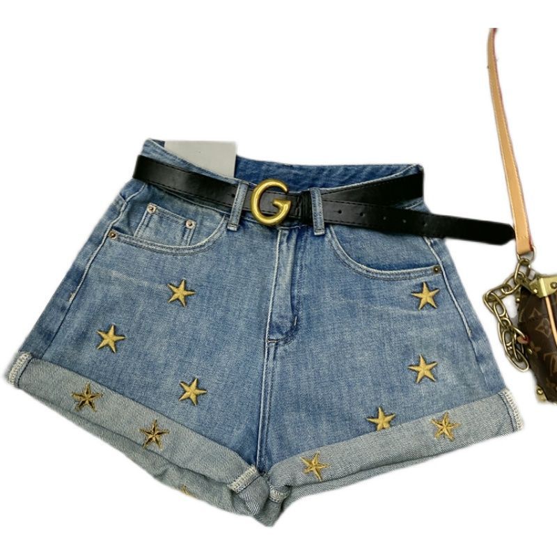 Jiashucheng Quần Short Denim Lưng Cao Dáng Rộng Thêu Họa Tiết Ngôi Sao Năm Cánh Màu Sắc Nhạt Thời Trang Mùa Hè Cho Nữ