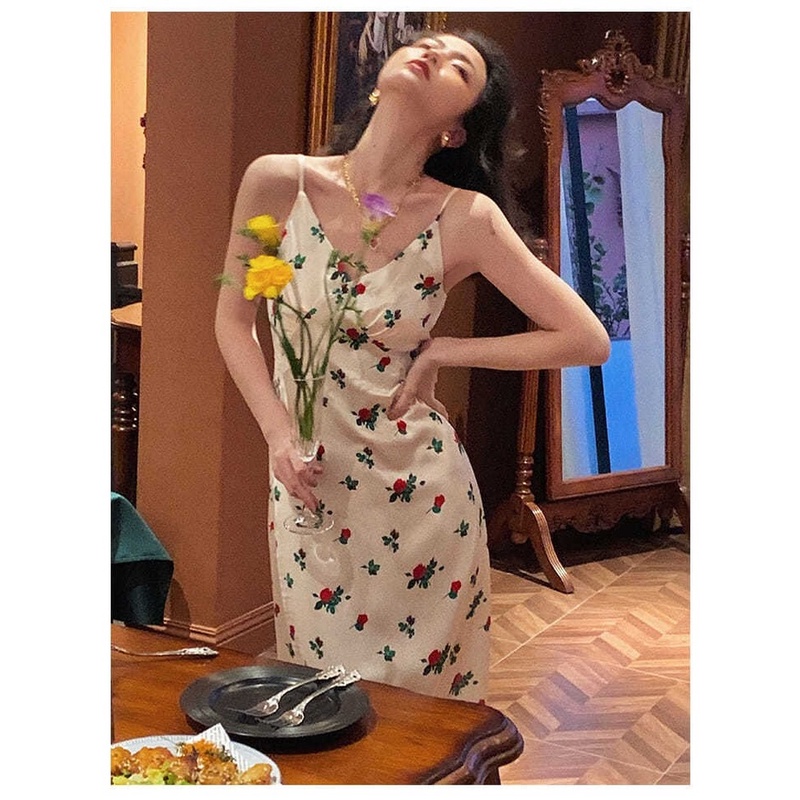 Đầm voan hai dây dáng dài in họa tiết hoa thanh lịch thời trang cho nữ