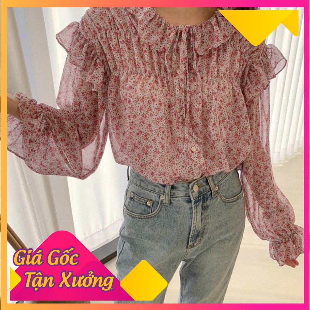 (ORDER) Áo sơ mi nữ voan hoa nhí cổ phối bèo thắt nơ nhẹ nhàng vintage Hàn Quốc (HÀNG MỚI)