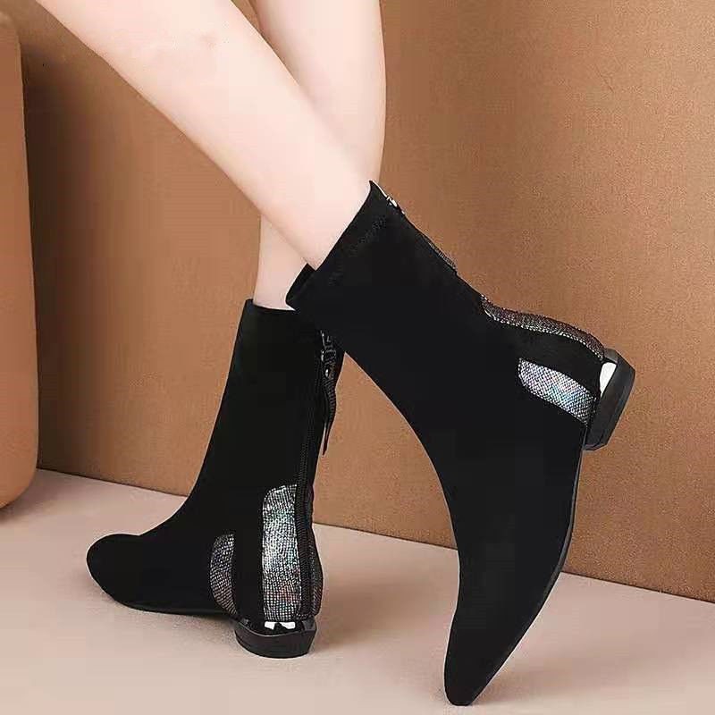 ✨🔥Giày bốt da lộn gót thấp mũi nhọn màu đen thời trang thu đông cho nữ