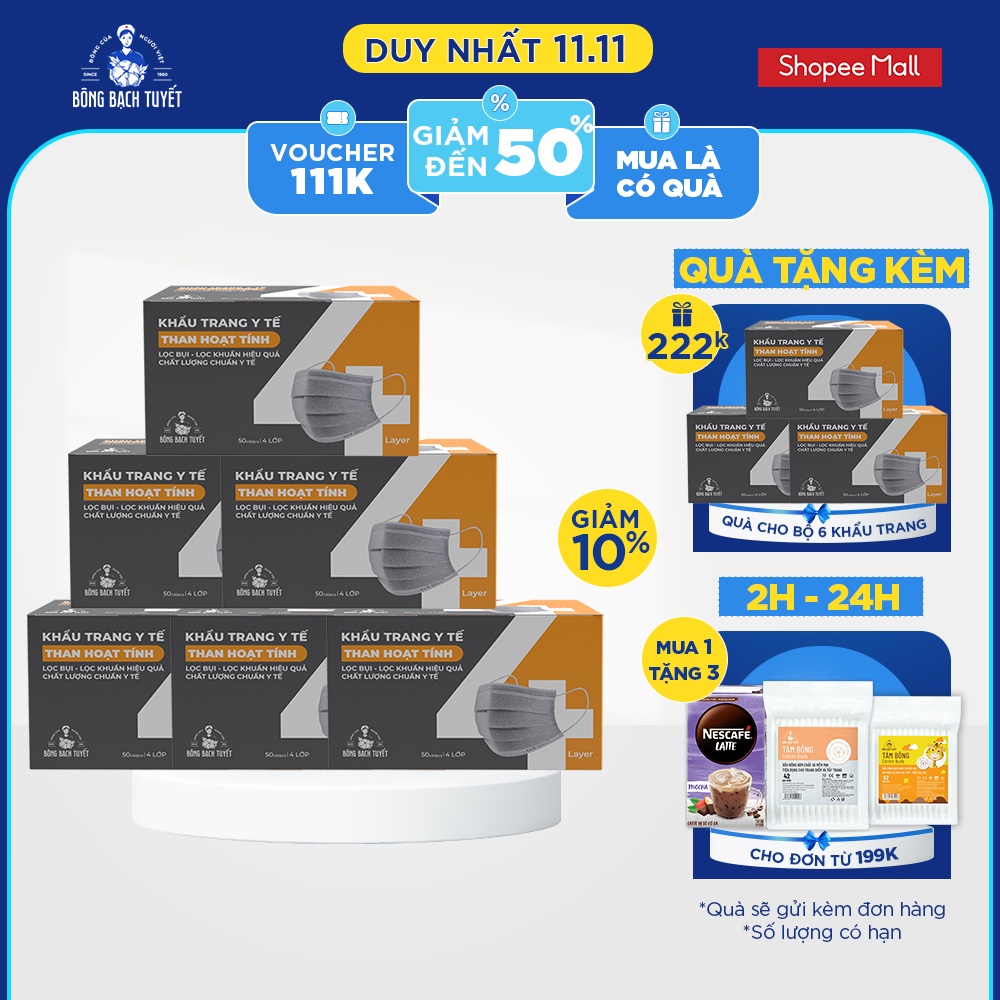 Combo 6 Khẩu trang Bông Bạch Tuyết than hoạt tính (50 cái/hộp)