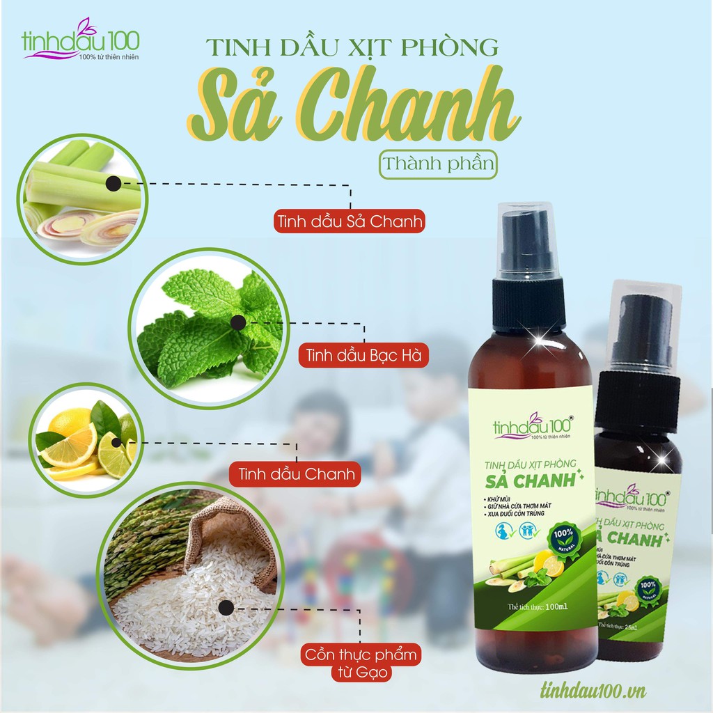 Xịt phòng sả chanh Tinh Dầu 100, tinh dầu đuổi muỗi, khử mùi, thơm phòng, an toàn cho bé và mẹ bầu