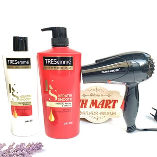 (Tặng máy sấy tóc)Combo Dầu gội đầu 640g + Dầu xả 340g TRESemmé Keratin Smooth vào nếp suôn mượt