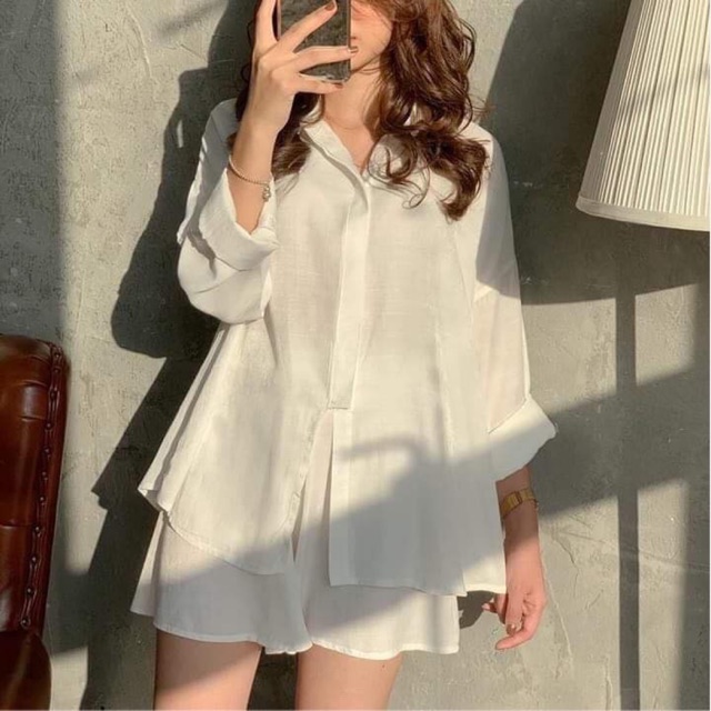 [Mã FAGREEN245 giảm 10% tối đa 30K đơn 99K] Set Áo Sơ Mi Xước Dài Tay + Quần Short🖤🖤