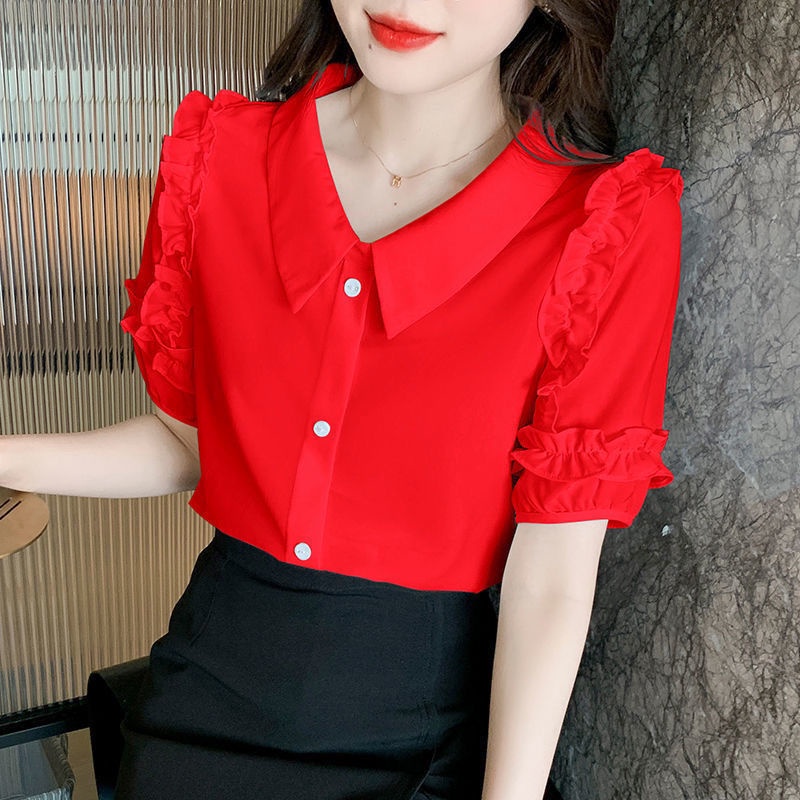 Áo Sơ Mi chiffon Tay Ngắn Cổ Gập Thời Trang Mùa Hè Mới Cho Nữ