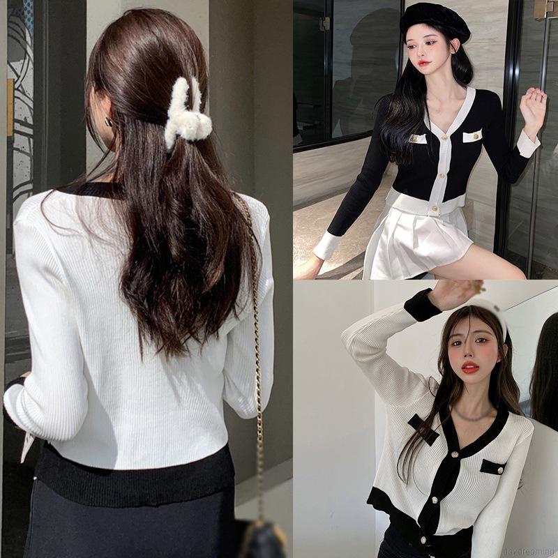 Áo croptop dệt kim tay dài cổ chữ V phối màu
