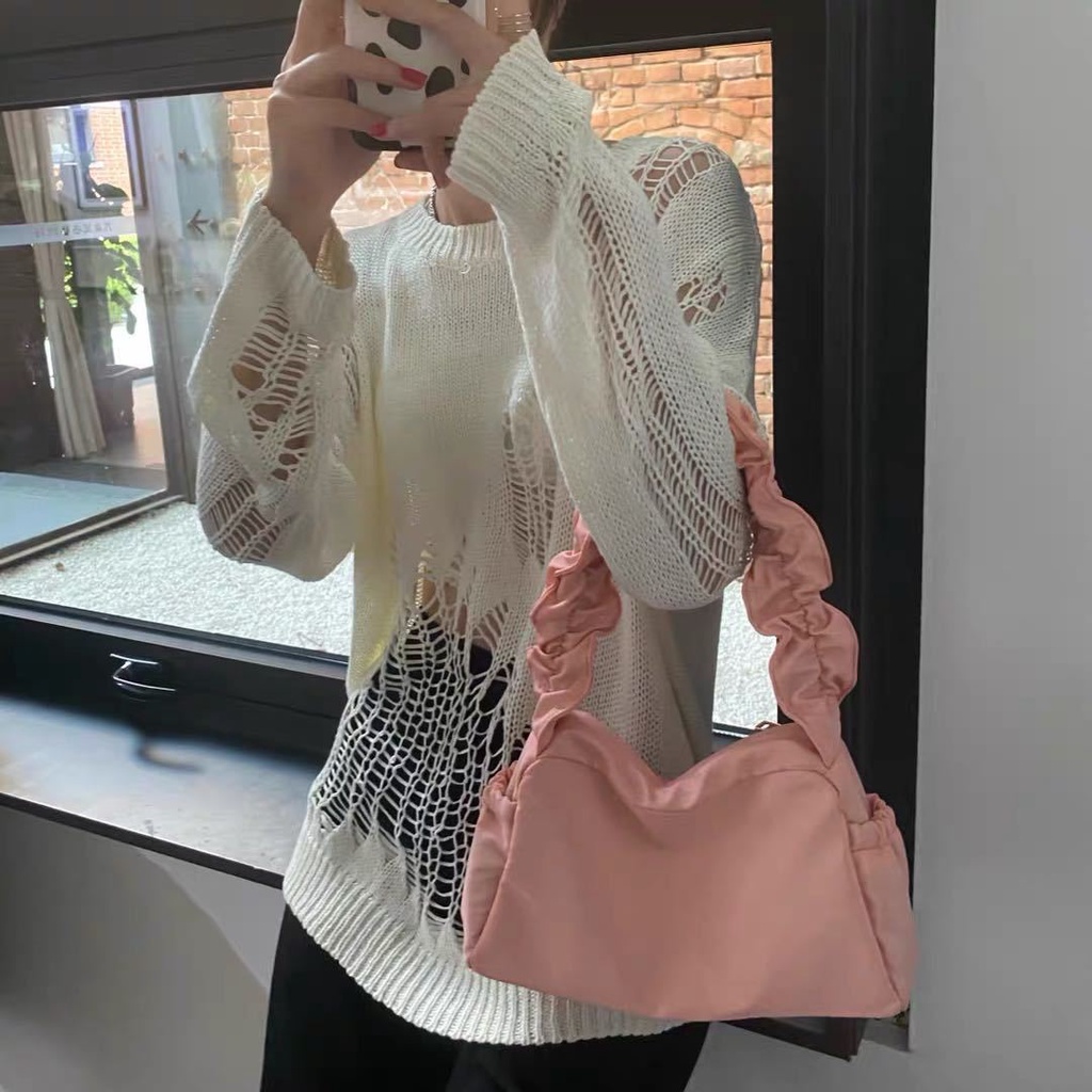 Jiashucheng Áo Sweater Dệt Kim Mỏng Tay Dài Dáng Rộng Rách Lỗ Phong Cách Mới Cho Nữ