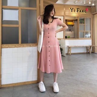 Váy cộc tay cotton tăm cúc dọc