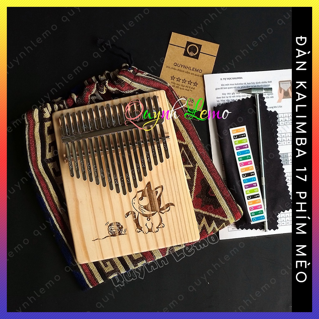 Đàn kalimba 17 phím hình mèo cuộn len kute QUYNHLEMO, Kalimba nguyên khối có phủ sơn bóng D16cm R12cm C4cm
