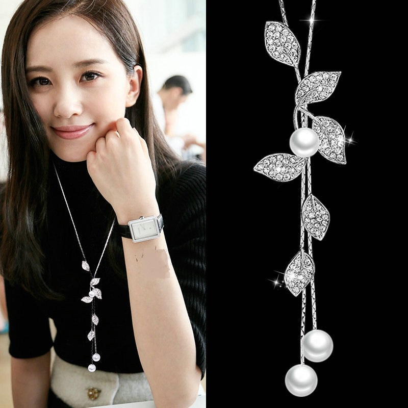 Vòng cổ ETRENDY dài mặt hình lá đính đá ngọc trai nhân tạo thời trang
